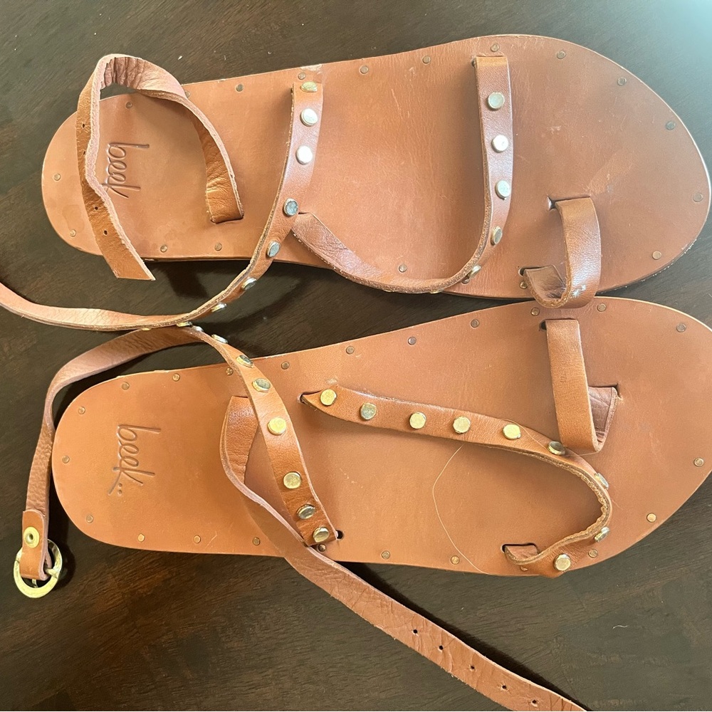 Beek Brown Leather Sandals with gold Studs size 8